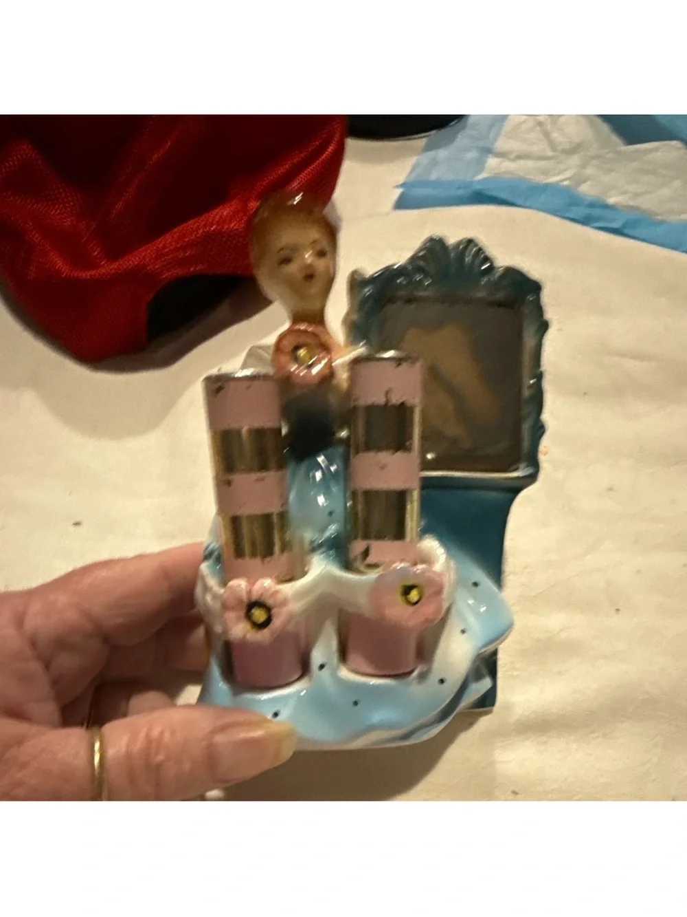Vintage Ceramic Blue and Pink Lady Figurine lip stick holder  Set